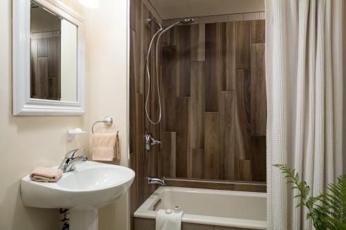 bagno con lavandino, doccia e vasca di Squam Lake Inn a Holderness
