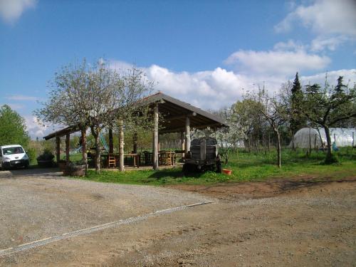 an old truck parked under a wooden shed at Agriturismo Cascina degli Ulivi in Novi Ligure