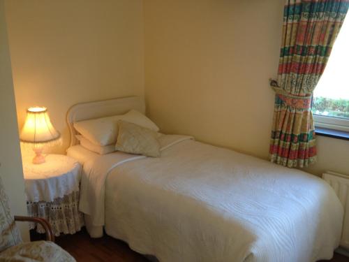 a small bedroom with a bed and a window at Danabel in Kinsale