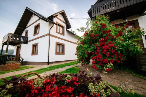a white house with red flowers in front of it at Pension La Roata in Gura Humorului