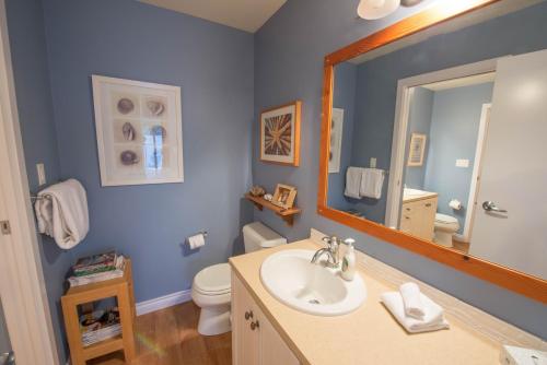 a bathroom with a sink and a toilet and a mirror at Luxury 2BR Oceanfront Condo by OnlyBC 201 in Tofino