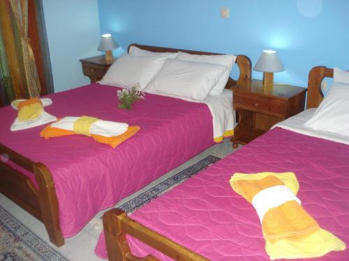 two beds in a room with pink and yellow sheets at Iris in Arachova