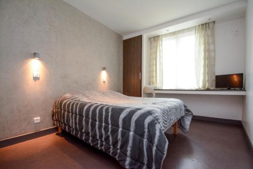 ein kleines Schlafzimmer mit einem Bett und einem Fenster in der Unterkunft HOTEL DE LA POMME D'OR in Bar-sur-Aube