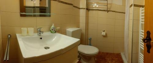 a bathroom with a white sink and a toilet at Hotel Pension Nordlicht in Büsum