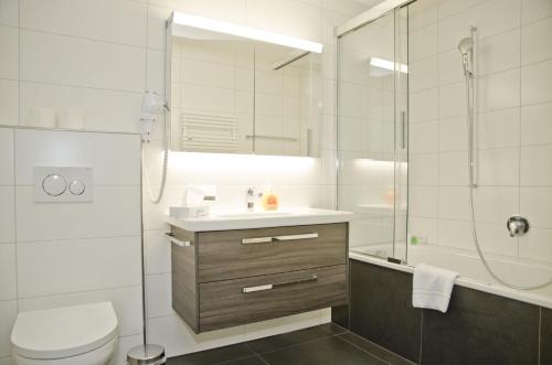 La salle de bains est pourvue d'une douche, de toilettes et d'un lavabo. dans l'établissement Apartment Alperose - GriwaRent AG, à Interlaken