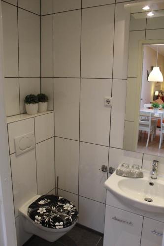 a bathroom with a shower with a toilet and a sink at Tanja's B&B in Maastricht