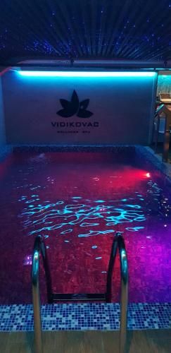 a swimming pool with red and blue lights in a room at Hotel Vidikovac in Zvornik