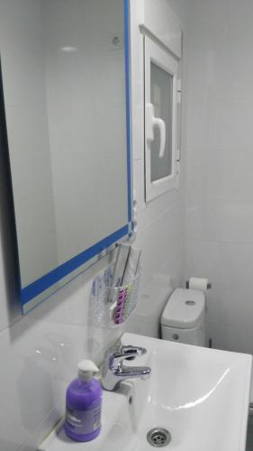 a bathroom with a sink and a mirror and a toilet at Apartamento el Benicadell in Adzaneta de Albaida