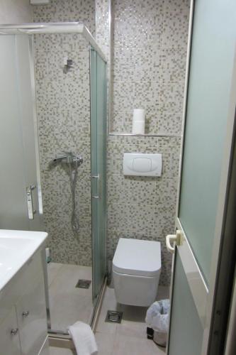 a bathroom with a shower and a white toilet at Freddy's Hotel in Tirana