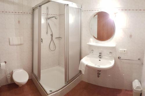 a bathroom with a shower and a sink and a toilet at Weißes Rössl in Appiano sulla Strada del Vino