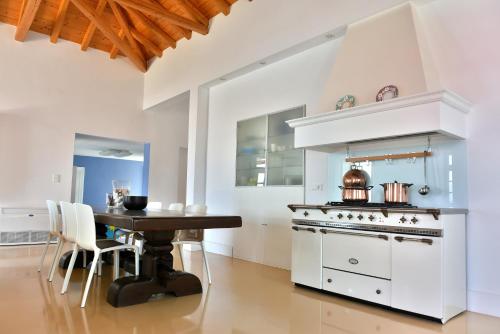 a kitchen with a stove and a table with chairs at Hydra Kamini Beach Thea in Hydra