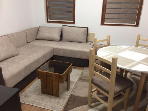 Apartment Lazic vila Suri في كوباونيك: غرفة معيشة بها أريكة وطاولة