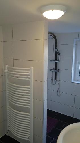 LauingenにあるStefan & Andreaのバスルーム(シャワー、トイレ、照明付)
