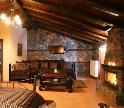 a living room with a couch and a fireplace at Grand House Suites in Palaios Agios Athanasios