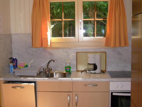 um balcão de cozinha com um lavatório e um lavatório em Chalet Gärlich em Bürchen