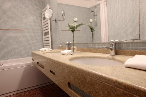 a bathroom with a sink and a tub and a mirror at Hotel Grand'Italia in Padova