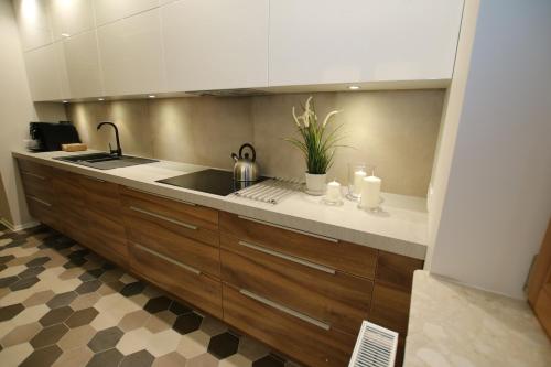 cocina con fregadero y encimera en Apartament "Park Lotników" en Cracovia