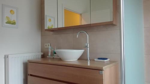 La salle de bains est pourvue d'un lavabo blanc sur un comptoir en bois. dans l'établissement B&B De Laak, à Bilzen