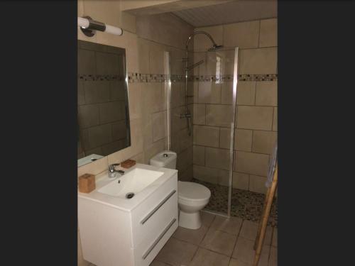 a bathroom with a white sink and a toilet at Le bungalow des bougainvilliers in Ducos