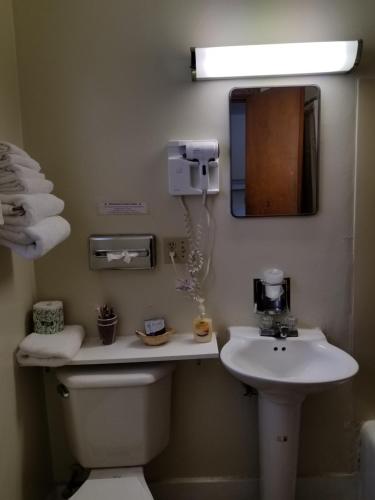 a bathroom with a sink and a toilet and a mirror at Home Motel Abbotsford in Abbotsford