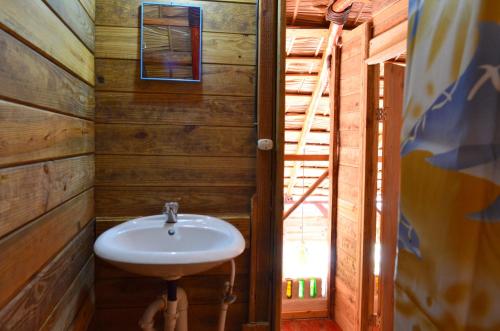 uma casa de banho com um lavatório e uma parede de madeira em Hostel La Ballena Backpacker em Las Galeras