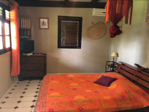a bedroom with a large bed and a television at Le bungalow des bougainvilliers in Ducos