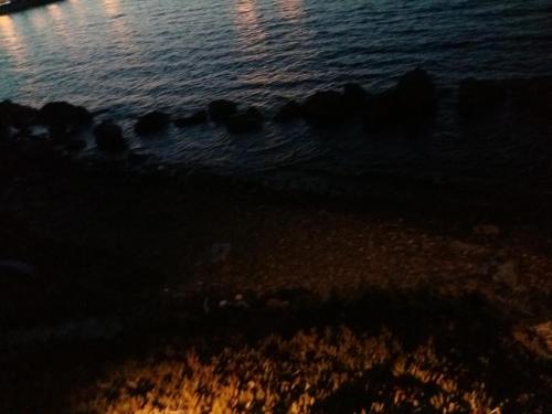 a group of birds sitting in the water at night at Haritos Hotel - Geothermal Hot Swimming Pool in Mandrakion