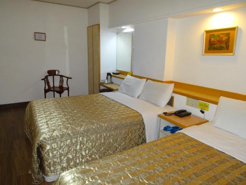una camera d'albergo con due letti e una sedia di Jia Xin Hotel a Città di Chiayi