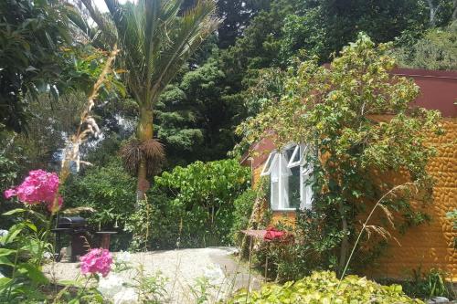 a garden with a house with flowers and trees at Chalet Karaka in Takaka