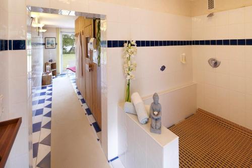 メルンにあるSeehotel Schwanenhofの青と白のタイル張りの壁のバスルーム