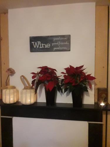 two vases with flowers on a shelf with a wine sign at La Fleur et Le Soleil (F&S) in Durbuy