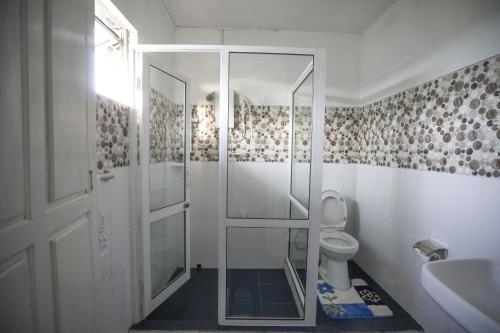 a bathroom with a shower with a toilet and a sink at Pedro View Homestay in Nuwara Eliya