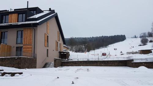 a house in the snow next to a ski slope at Apartmány Dolní Morava in Dolní Morava