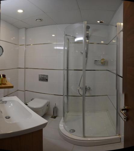 a bathroom with a shower and a toilet and a sink at Yilmazoglu Park Hotel in Gaziantep