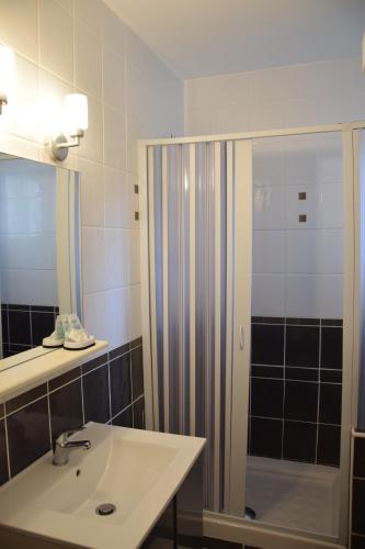 a bathroom with a shower and a sink at Hôtel le Grillon in LʼÎle-Rousse