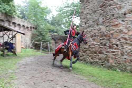 a man is riding a horse with a pole at Schloß Auerbach Kleine Ferienwohnung in Bensheim