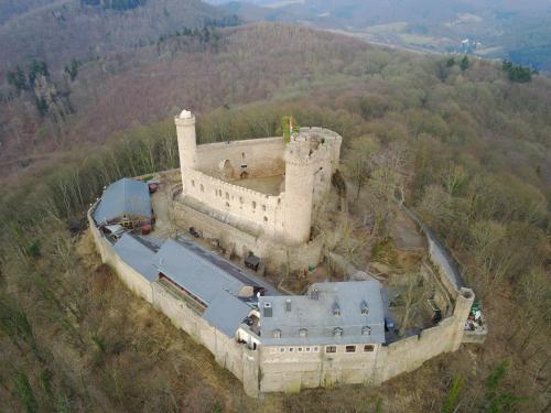 an aerial view of a castle on a hill at Schloß Auerbach Kleine Ferienwohnung in Bensheim