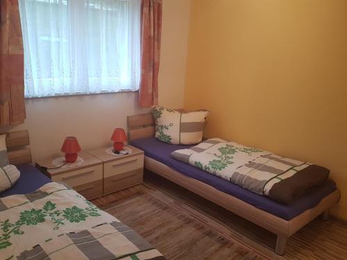 a bedroom with two beds and a window at Ferienhaus Schaffrath in Hohnstein