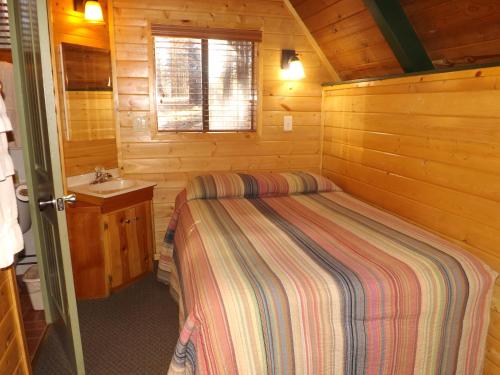 a bedroom with a bed and a sink in a cabin at Arizona Mountain Inn & Cabins in Flagstaff