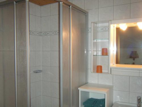 W łazience znajduje się prysznic i umywalka. w obiekcie Landhaus Griesser w Kaprunie