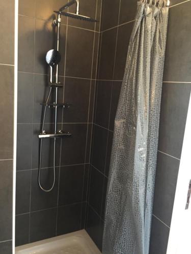 W łazience znajduje się prysznic z zasłoną prysznicową. w obiekcie A Casetta di Rosa w mieście Corte