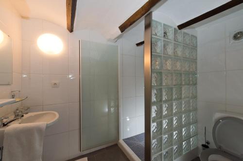 y baño con ducha, lavabo y aseo. en Auberge Le XIX eme en Thulin