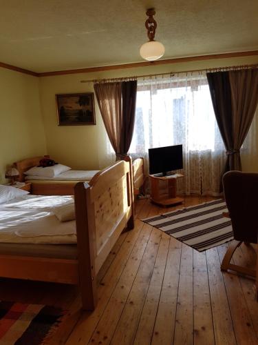 a bedroom with two beds and a flat screen tv at Durda in Poronin