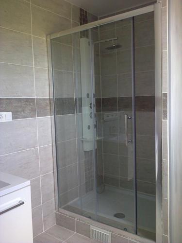 a shower with a glass door in a bathroom at Le Rocher du Samoyède in Dirinon