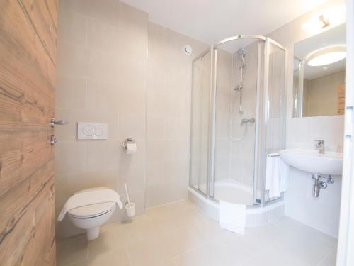 a bathroom with a shower and a toilet and a sink at Landgasthof zum Goldenen Hirschen in Bierbaum am Kleebühel