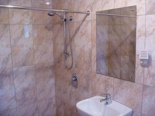 a bathroom with a shower and a sink at At Parkland Place B&B in Whitianga
