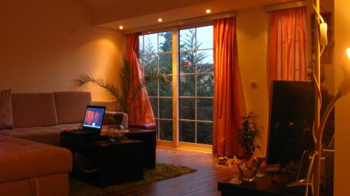 a living room with a couch and a laptop on a table at Aloha Apartments with pool in Skopje