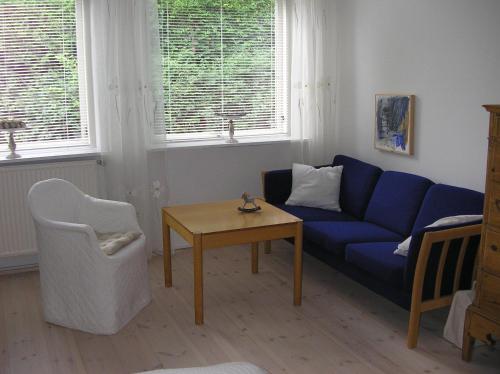 a living room with a blue couch and a table at Bed & Kitchen Rugbjergvej in Stavtrup