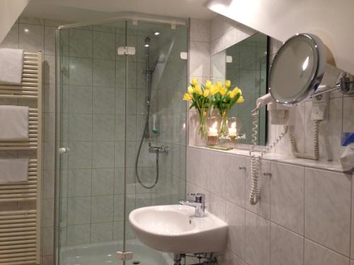 ein Bad mit einem Waschbecken, einer Dusche und einem Spiegel in der Unterkunft Landhaus Lockwitzgrund in Lockwitz