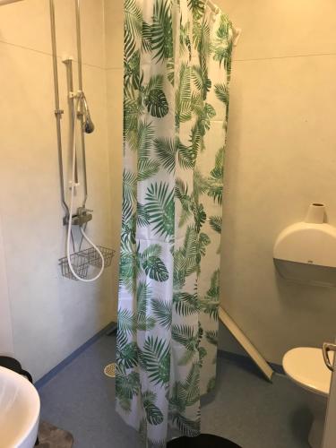 a shower curtain in a bathroom with a toilet at STF Hostel Visby/Rävhagen in Visby